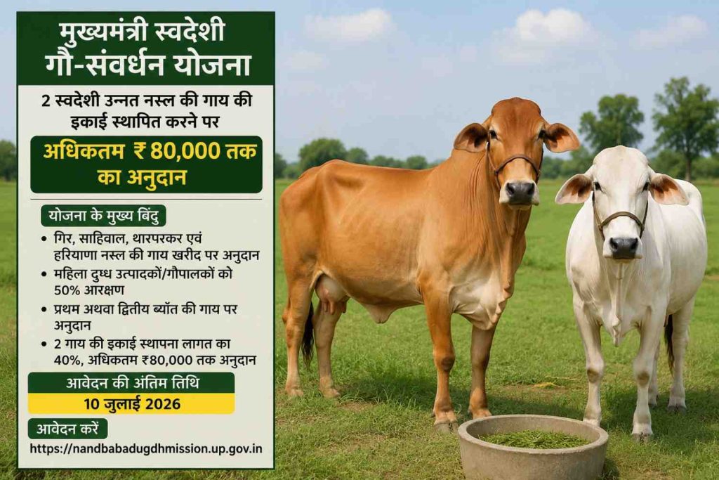 मुख्यमंत्री स्वदेशी गौ-संवर्धन योजना: दो गायों की इकाई पर मिलेगा 80 हजार रुपये तक का अनुदान।