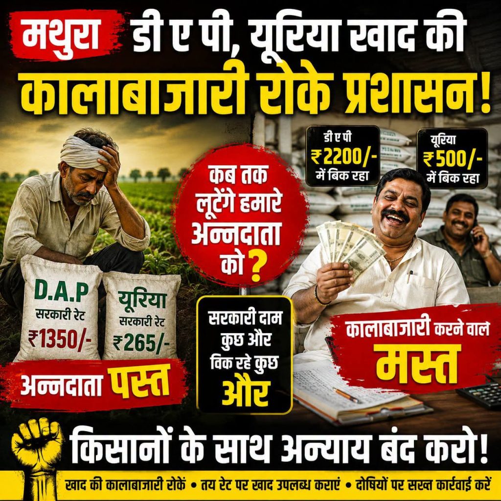 मथुरा में खाद की कालाबाज़ारी के आरोप, किसानों ने उठाए सवाल; प्रशासन से जांच की मांग।