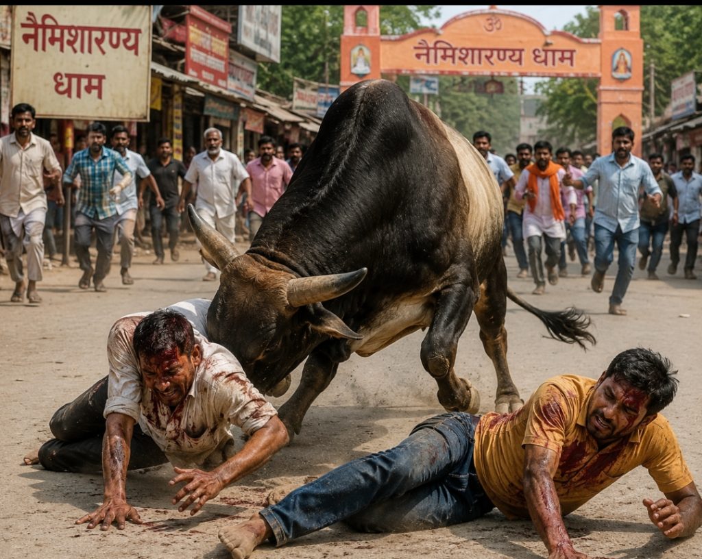 नैमिषारण्य क्षेत्र में आवारा पशुओं से दहशत का माहौल: सांड के हमले से दो युवक गंभीर घायल।