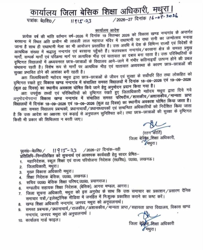 राधाष्टमी मेले के चलते नंदगांव के स्कूलों में आज भी अवकाश।