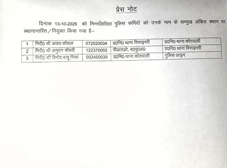 मथुरा में तीन निरीक्षकों के तबादले, अजय कौशल को कोतवाली की कमान।
